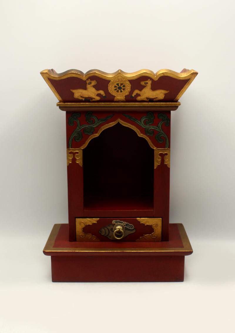 Handpainted Tibetan Wooden Red Shrine with Conch
