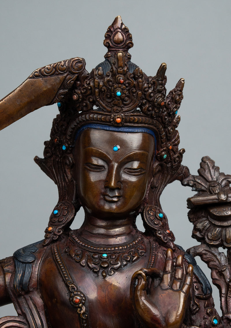 Oxidized Copper Manjushree Statue 13"H