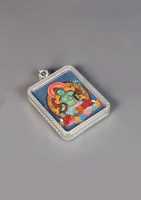 Green Tara Hand Painted Mini Thangka Amulet Pendant Silver Box