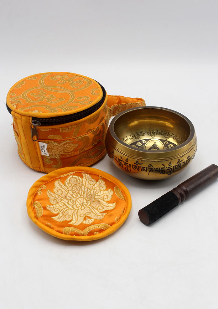 Chenrezig Painted Singing Bowl Set with Silk Brocade Gift Box