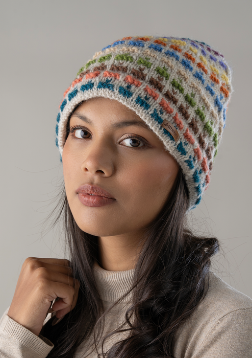 Handknitted Multicolor Dotted Beanie - Beige