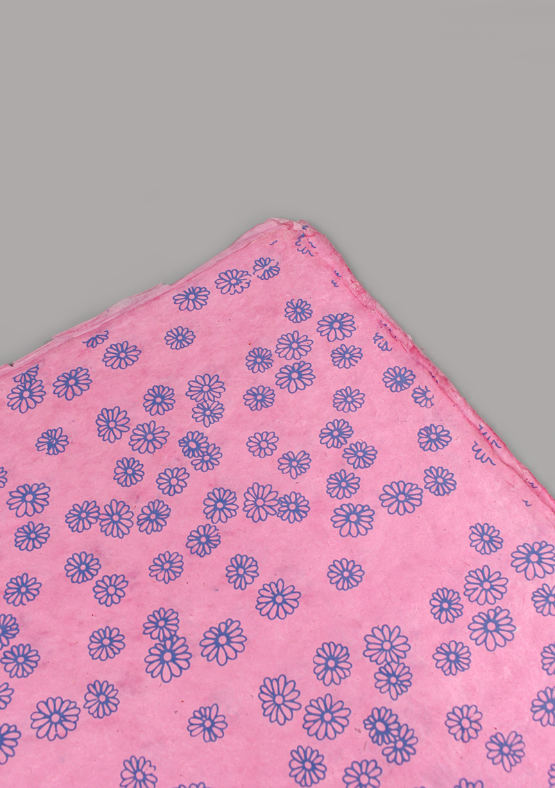 Blue Flower Printed on Pink Background Lokta Paper Gift Wrap