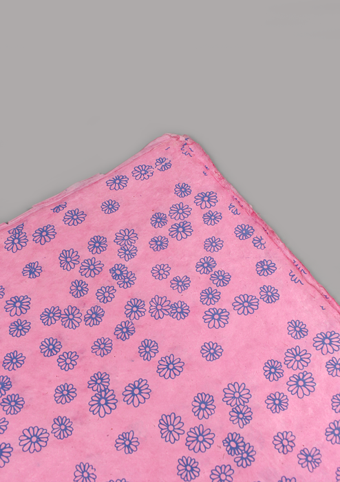 Blue Flower Printed on Pink Background Lokta Paper Gift Wrap
