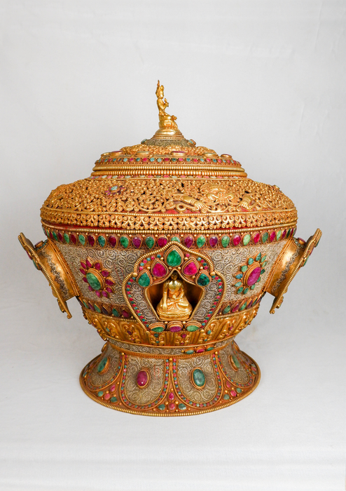 Golden Elegance: Multistone Inlaid Offering Bowl with Pancha Buddha in Gold Plating