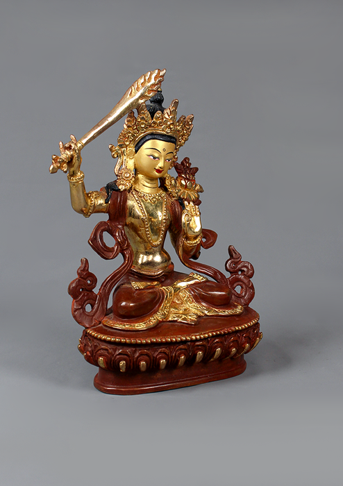 Manjushree Partly Gold Plated Statue 7" H