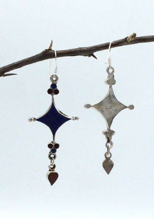 Sterling Silver Star Shaped Earrings with Inlaid Lapis and Coral