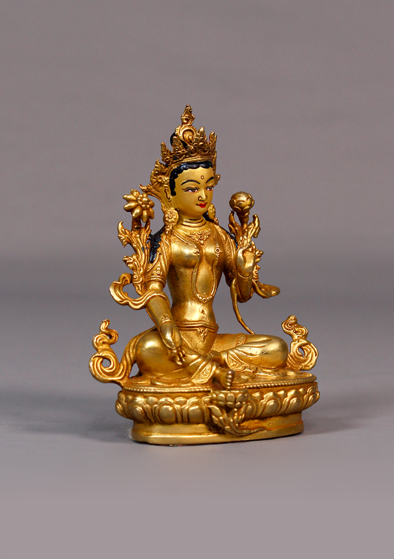 Fully Gold Plated Green Tara Statue 4.25"H