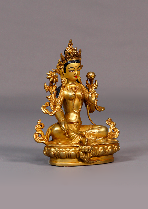 Fully Gold Plated Green Tara Statue 4.25"H