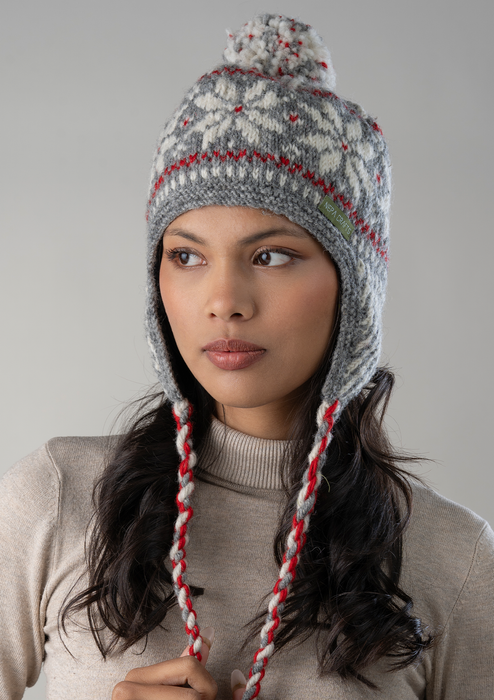 Handknitted Snowflake Gray Pompom Sherpa Cap