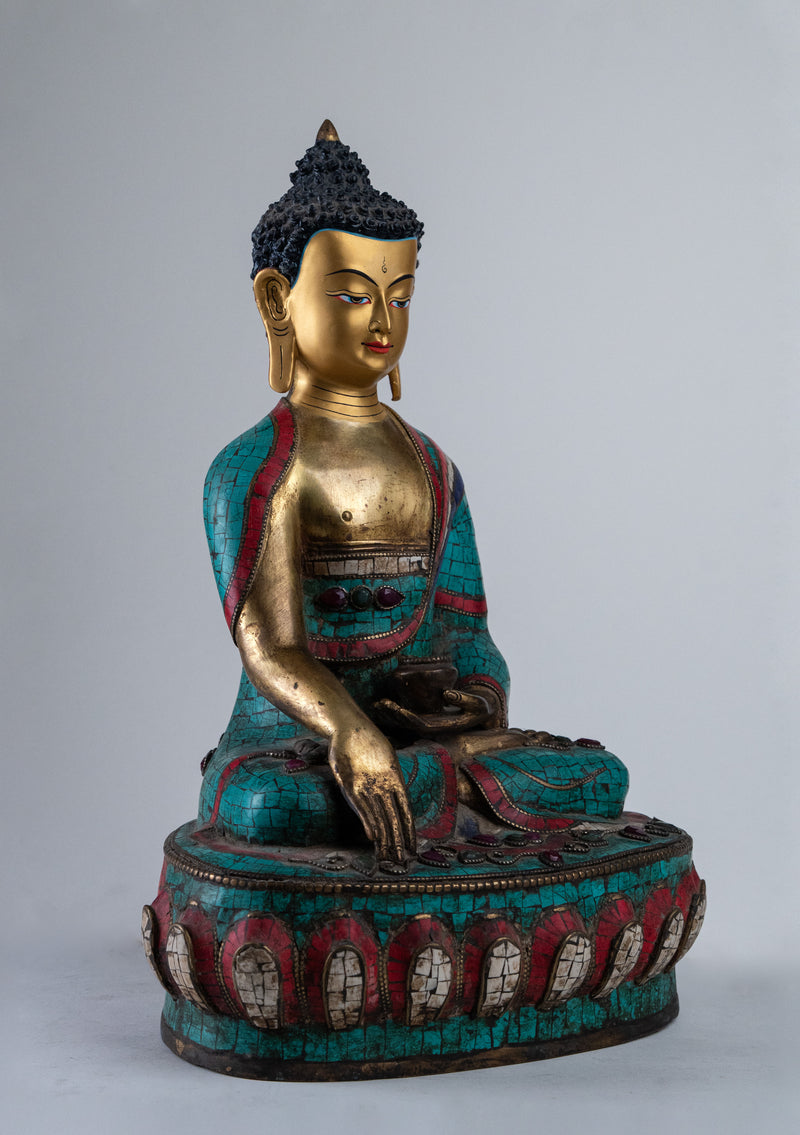 13" High Shakyamuni Buddha Statue Inlaid Turquoise and Coral