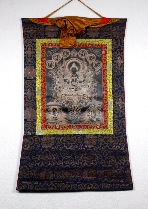 Chenrezig with OM Mani Mantra Brocade Thangka Painting