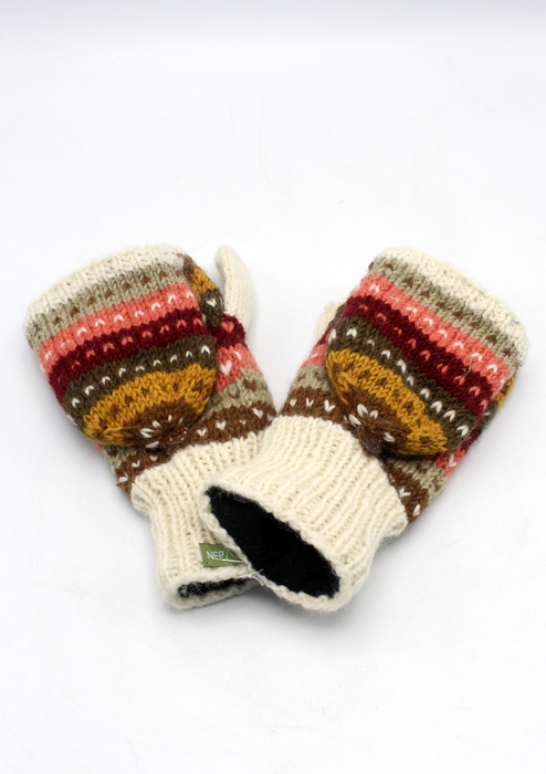 Handknited Pink and White Multicolored Hearshaped Pattern Sherpa Mittens