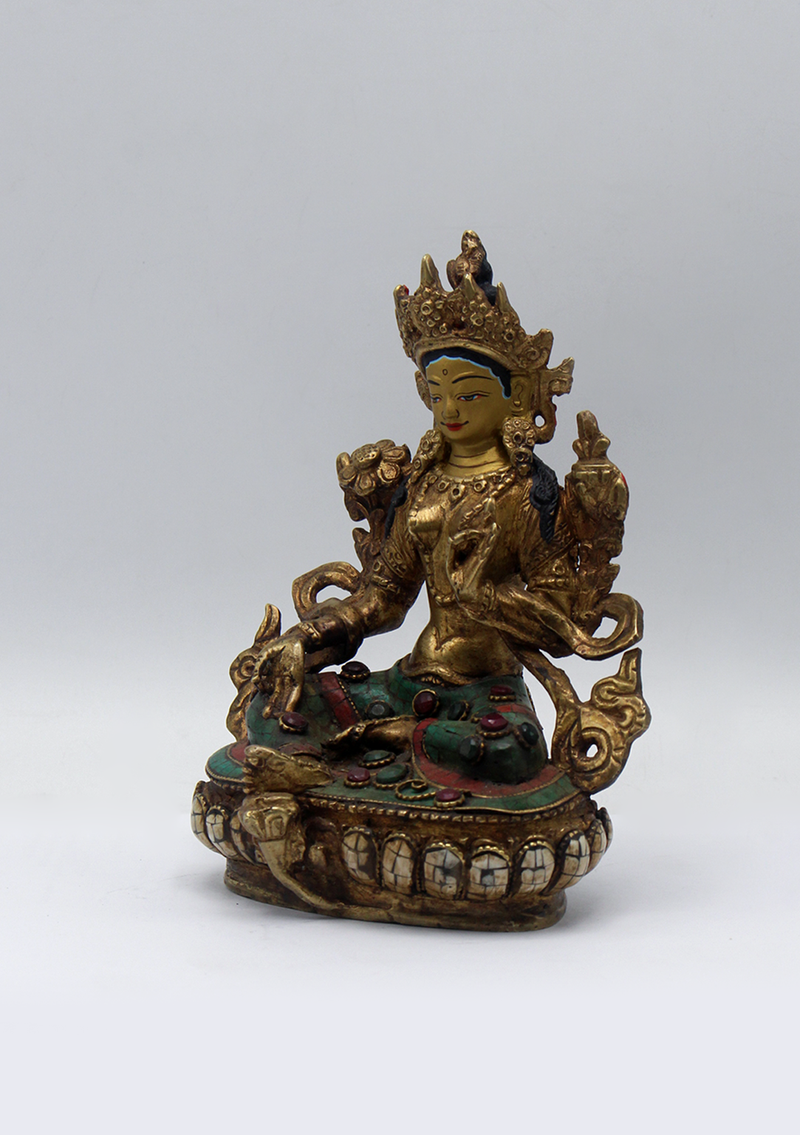 Stone Inlaid Copper Green Tara Statue 6"H (1)