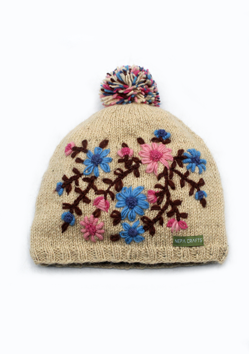 Flower Patterned Off-White Sherpa Pom Pom Beanie