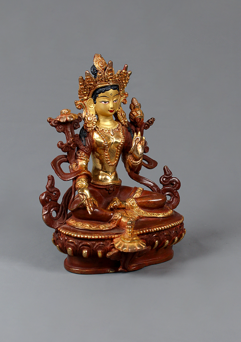 Partly Gold Plated Green Tara Statue 6.5" H