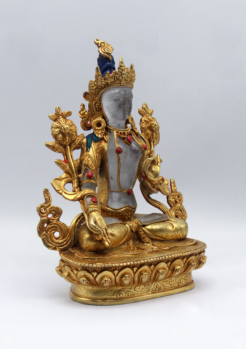 Crystal Gold Plated White Tara Statue 8.5"H
