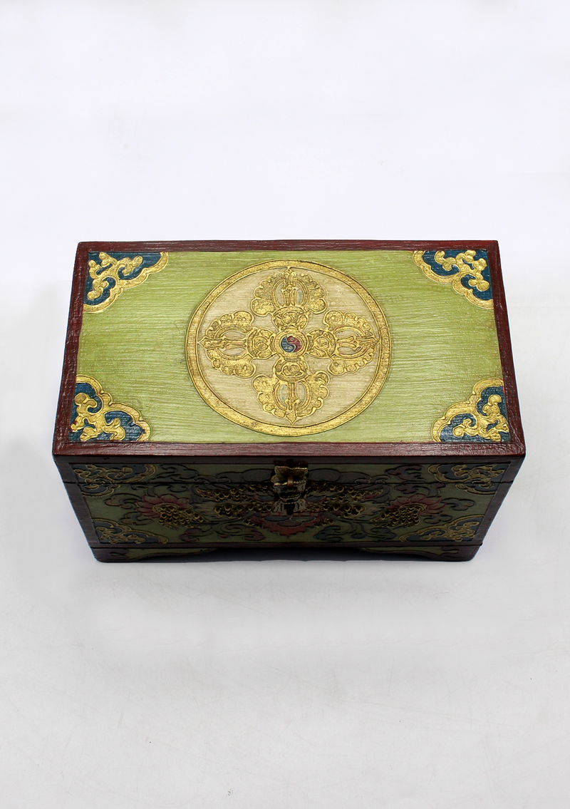 Handpainted Tibetan Double Dorjee Green Wooden Box -Large