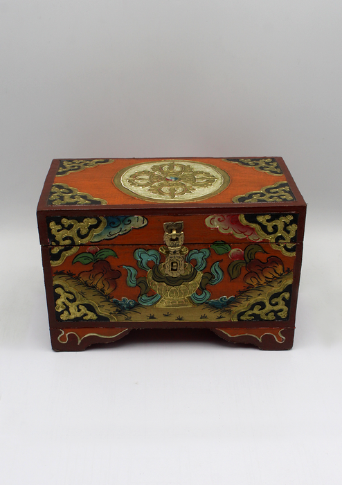Handpainted Tibetan Double Dorjee Wooden Box with Treasure Vase- Large