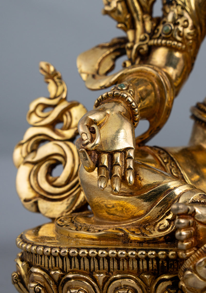 Fully Gold Plated Green Tara Statue with Stone Inlays 9.5"H