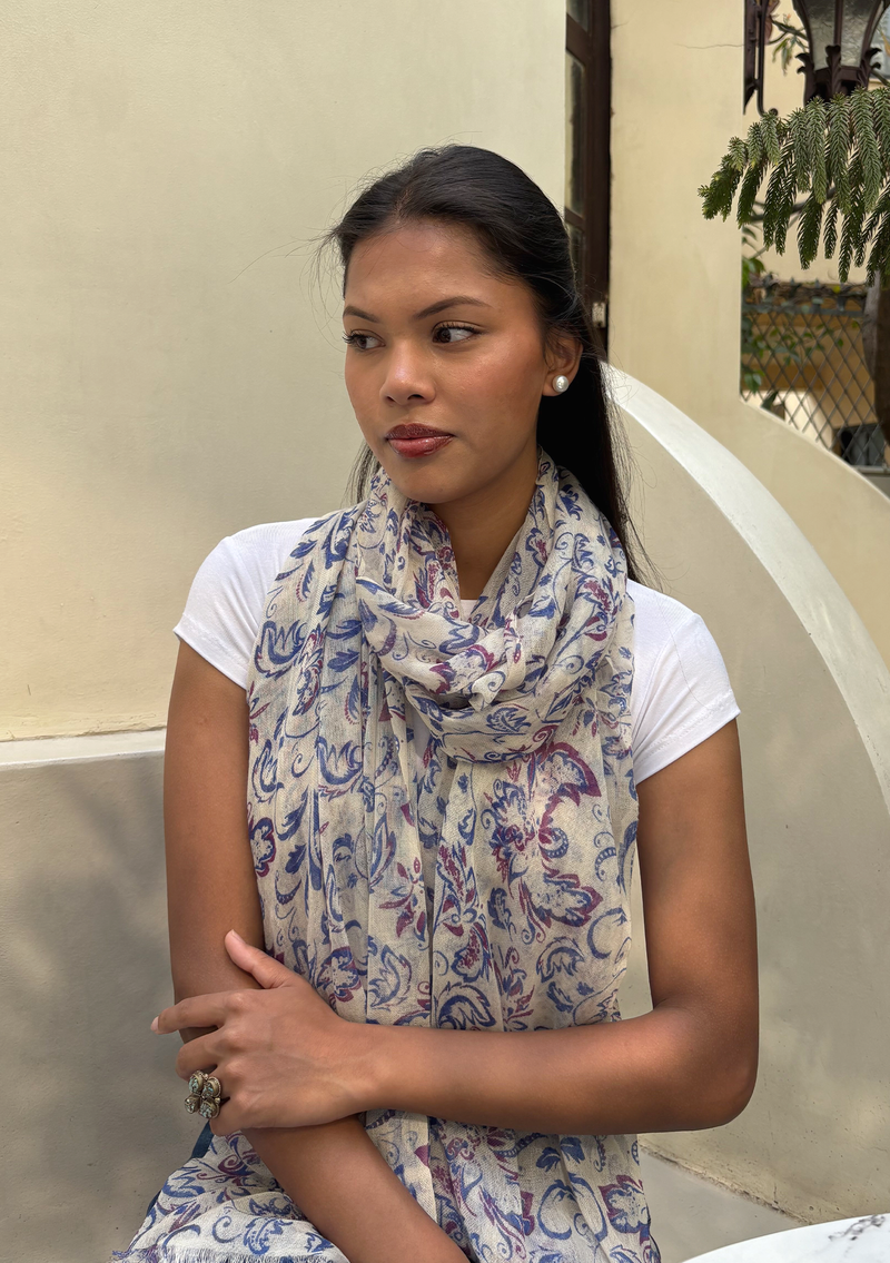 Lightweight Blue and Pink Floral Cashmere Shawl