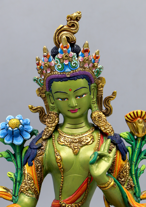 Green Tara  Handpainted  Copper Goldplated  Statue 9"H