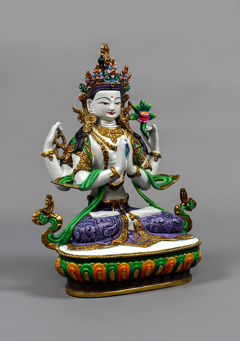 Partly Gold Gilded Handpainted Chenrezig Statue