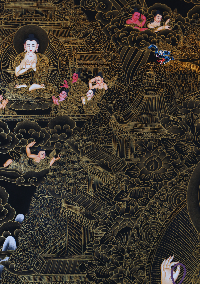 Black and Gold Chenrezig God of Compassion  & Disciples  Sacred Thangka Painting