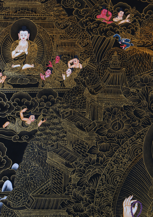 Black and Gold Chenrezig God of Compassion  & Disciples  Sacred Thangka Painting