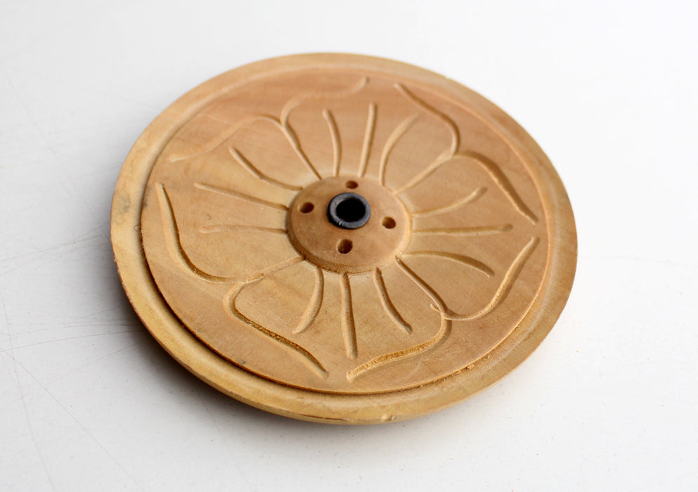 Four Petals Flower Carved Round Tibetan Wooden Incense Burner