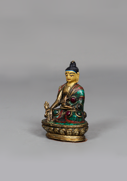 Stone Inlaid Copper Medicine Buddha Statue 3.25" H