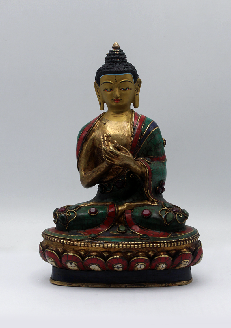 Stone Inlaid Copper Vairocana Buddha Statue 8.5"H