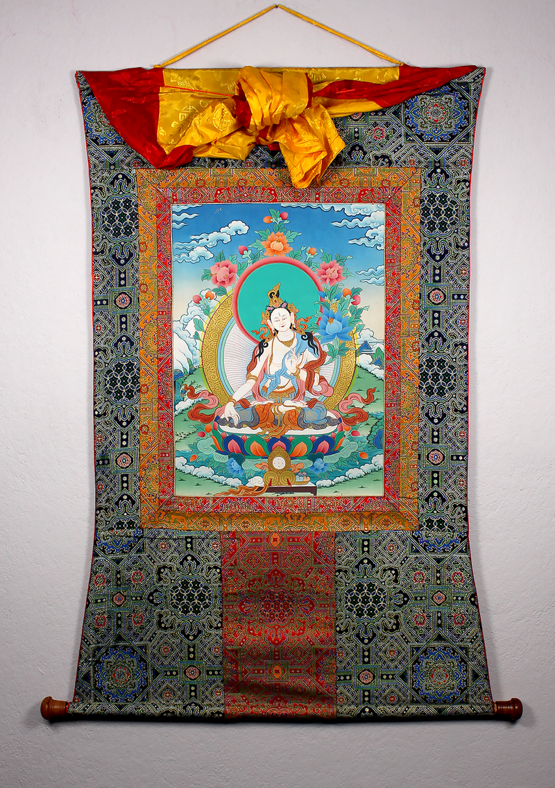 White Tara Khadi Brocade Thangka Painting