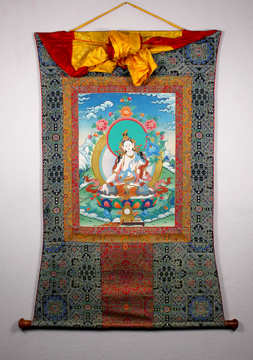 White Tara Khadi Brocade Thangka Painting