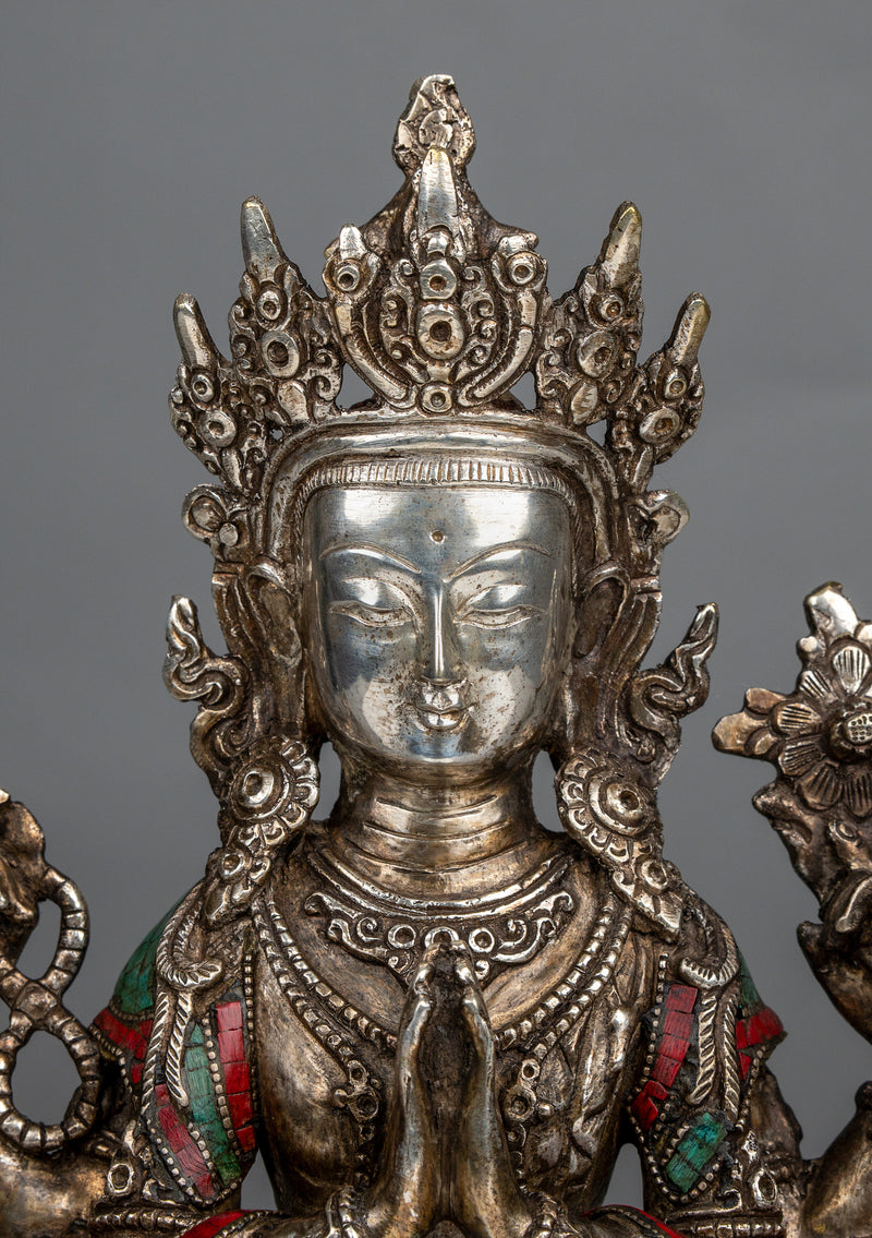 Silver Plated  Stone Inlaid  Four arms Chenrezig Statue