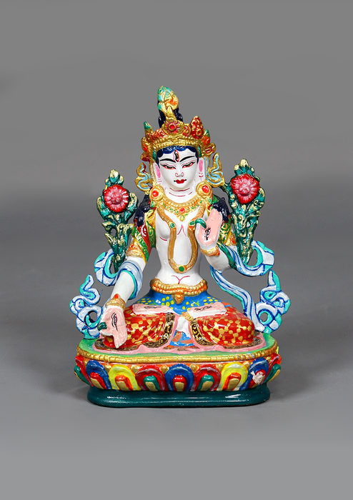 Handpainted White Tara Copper Statue 6" H