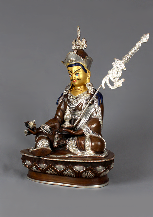 Guru Rinpoche Silver plated Copper Statue 9" H