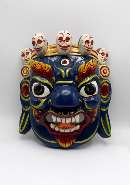 Handcarved and Painted Wooden Bhairab Wall Hanging Mask - Blue