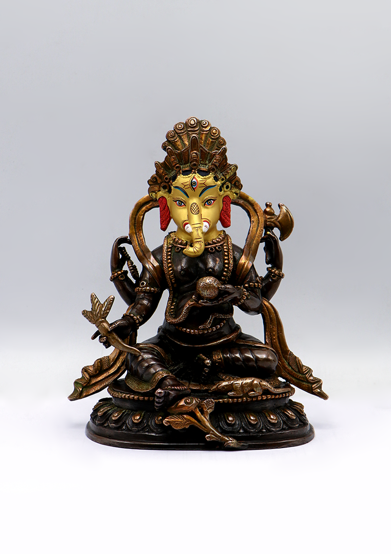 Gold Face Painted Copper Ganesh Statue 7"H