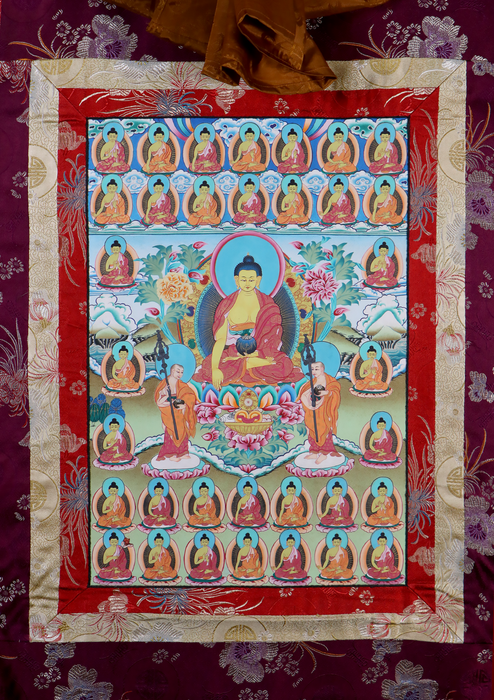 Shakyamuni Buddha with 34 Buddha Brocade Thangka Painting