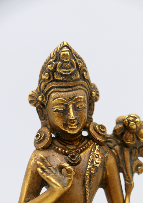 Fully Gold Plated Standing Lokeshwora with Flower Statue 6"H