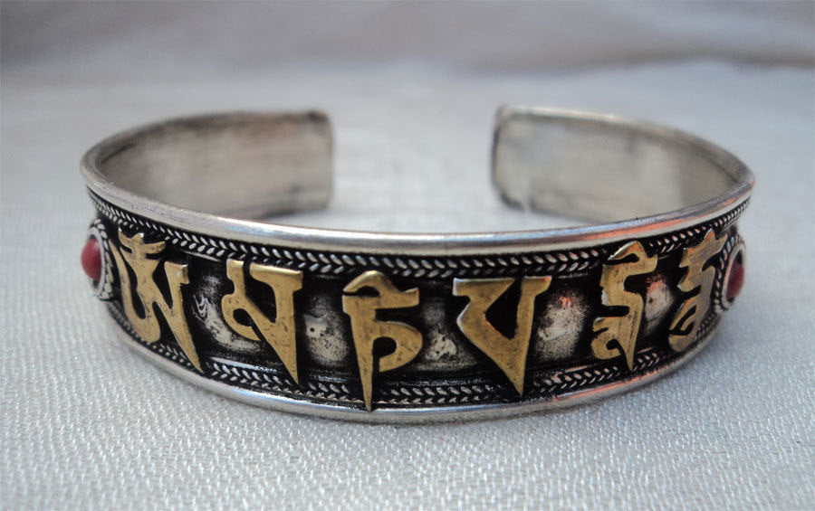 Om Mani Silver Plated Tibetan Cuff Bracelet