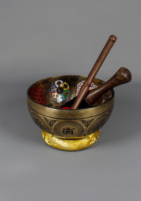 Om Mani Padme Hum Mandala Painted  Singing Bowl 8"