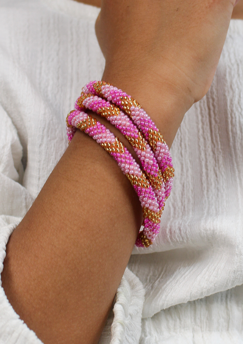 Baby Pink, Gold & Mixed Beads Nepalese Roll on Bracelet for Kids