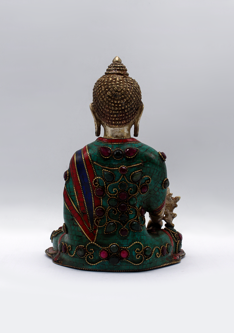 Stone Inlaid Copper Silverplated Medicine Buddha Statue 6.5"H