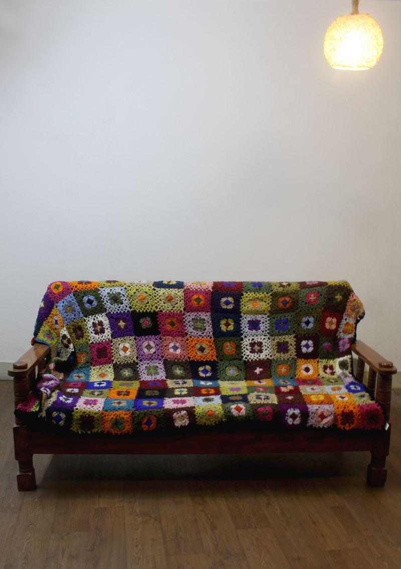 Square Multicolor Flower Pattern Hand Crochet Woolen Blanket/Throw