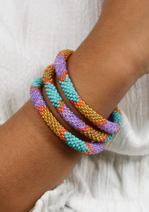 Shiny Yellow & Mixed Beads Nepalese Roll on Bracelet for Kids