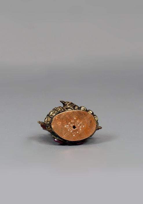 Stone Inlaid Copper Green Tara Statue 3" H