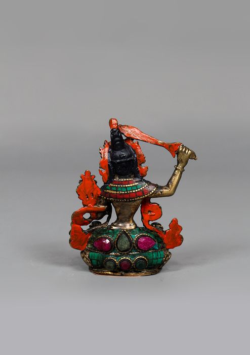 Stone Inlaid Copper Manjushree Statue 3.25" H