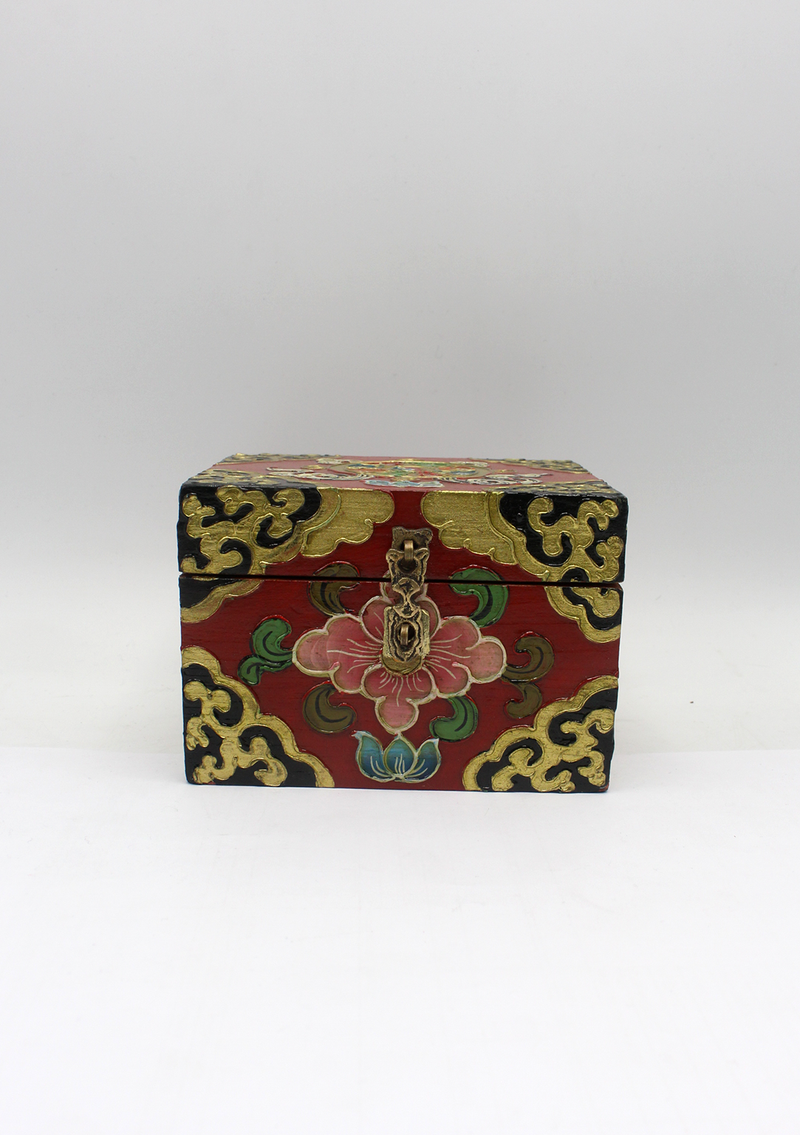 Handpainted Tibetan Wooden Boxes with Dharmachakra- Small