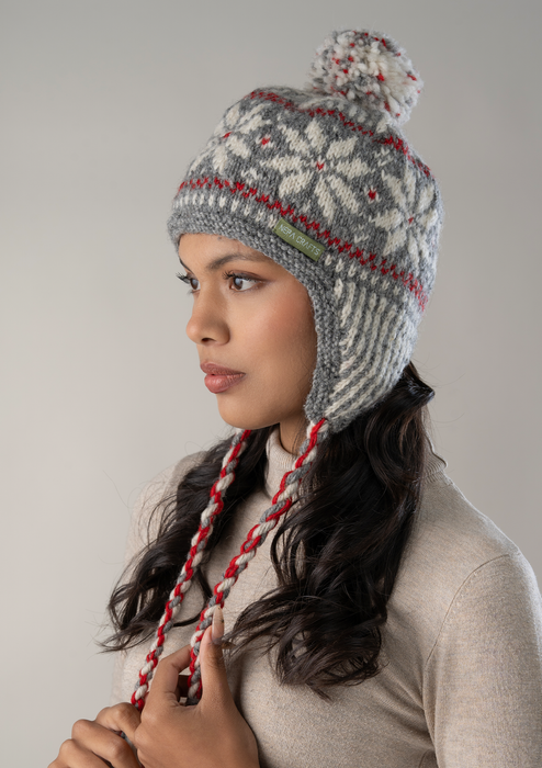 Handknitted Snowflake Gray Pompom Sherpa Cap